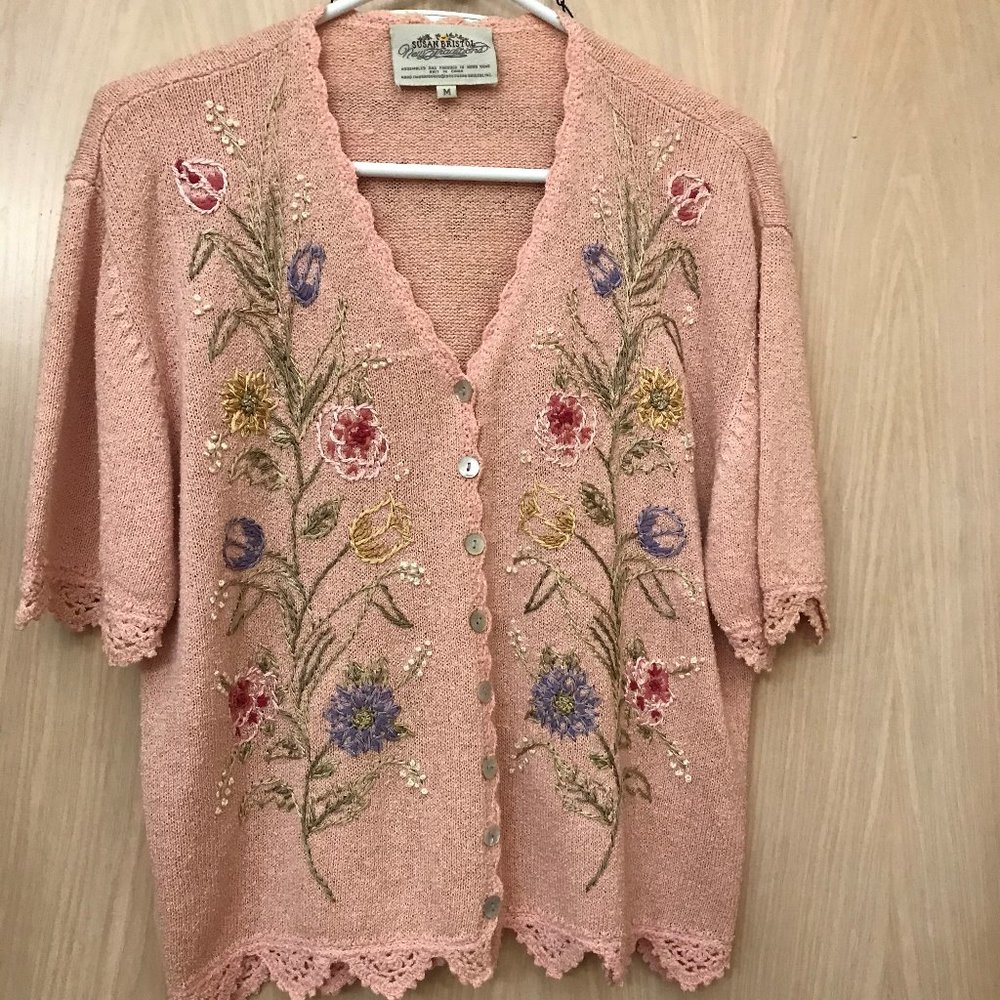 Vee neck short sleeved cardigan sweater
